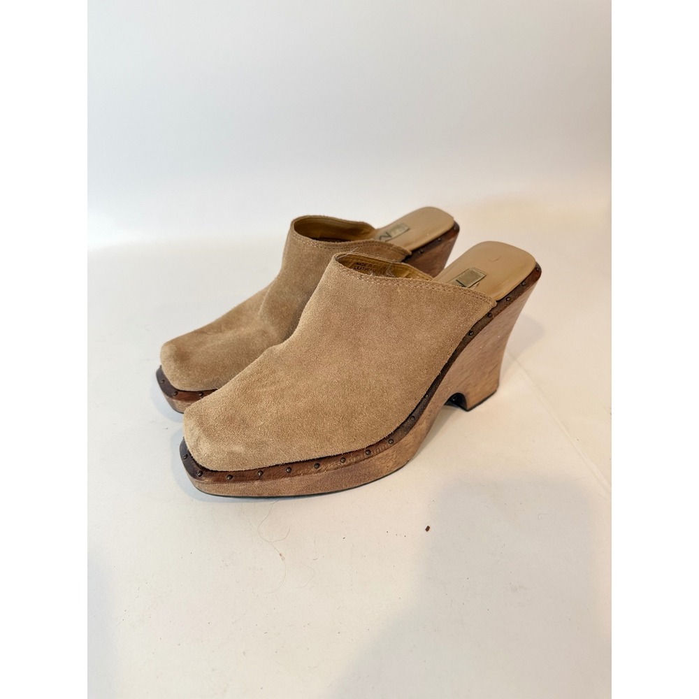 MIA Vintage Tan Suede Wooden Platform Clogs Square Toe Studded Mules Made Brazil